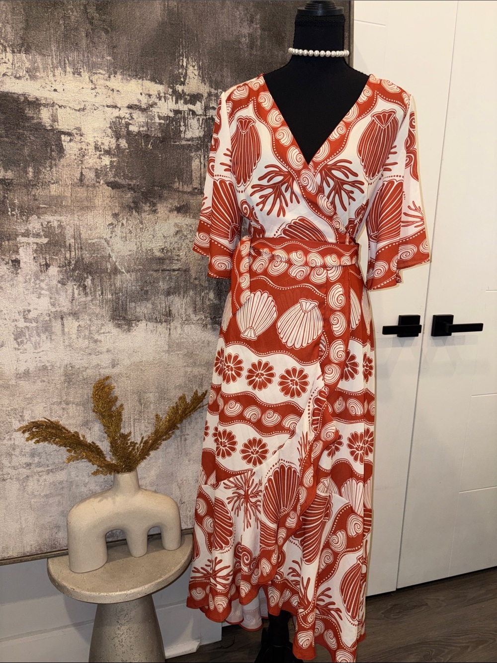 Rust and White Floral Wrap Maxi Dress by